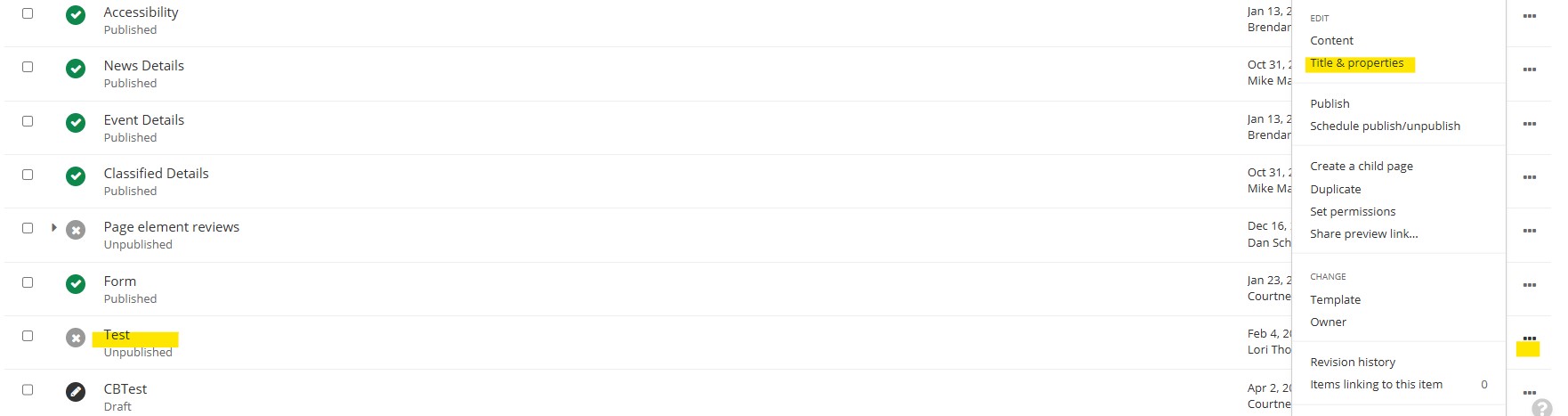Page select title and properties