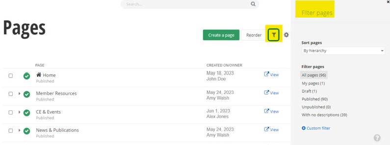 page filter or sort content pages