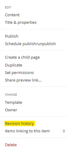 page actions menu revision history